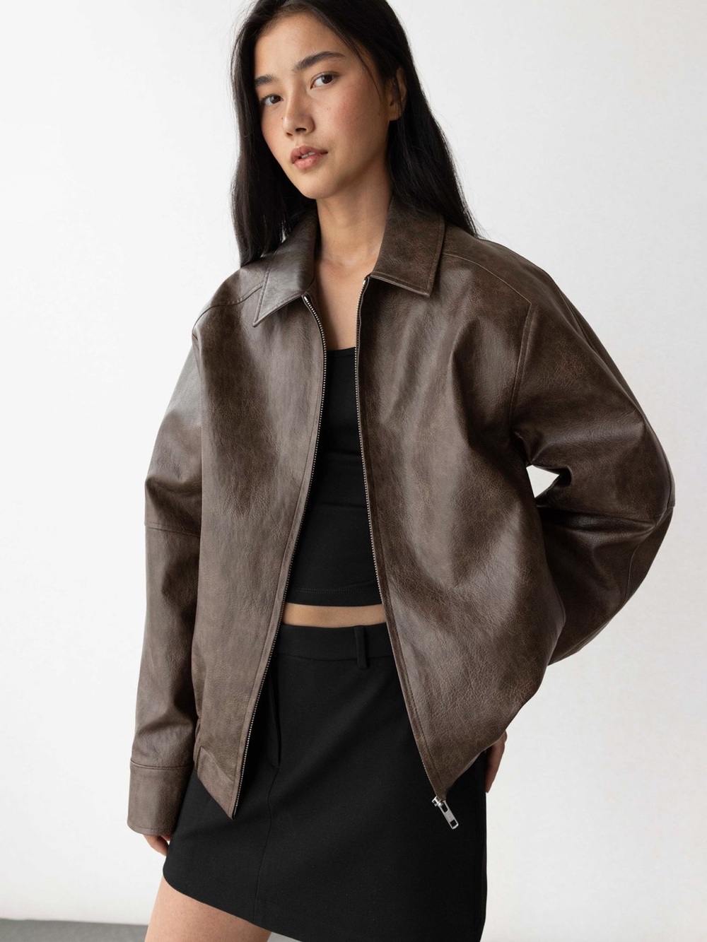 OAK + FORT Dark Brown Faux Leather Zip Jacket